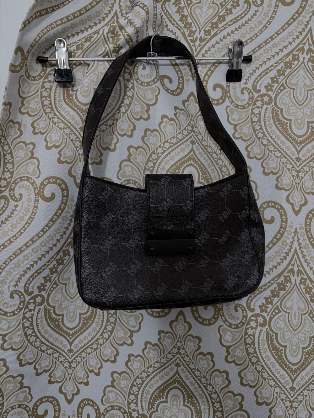 Nicole Miller Dark Brown Shoulder Bag with Monogram Pattern